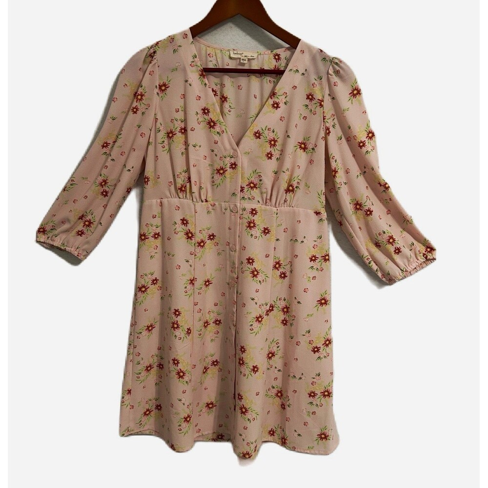 Bebop Dress Women L Pink Floral V-Neck Button Chiffon Cottage Romantic Feminine